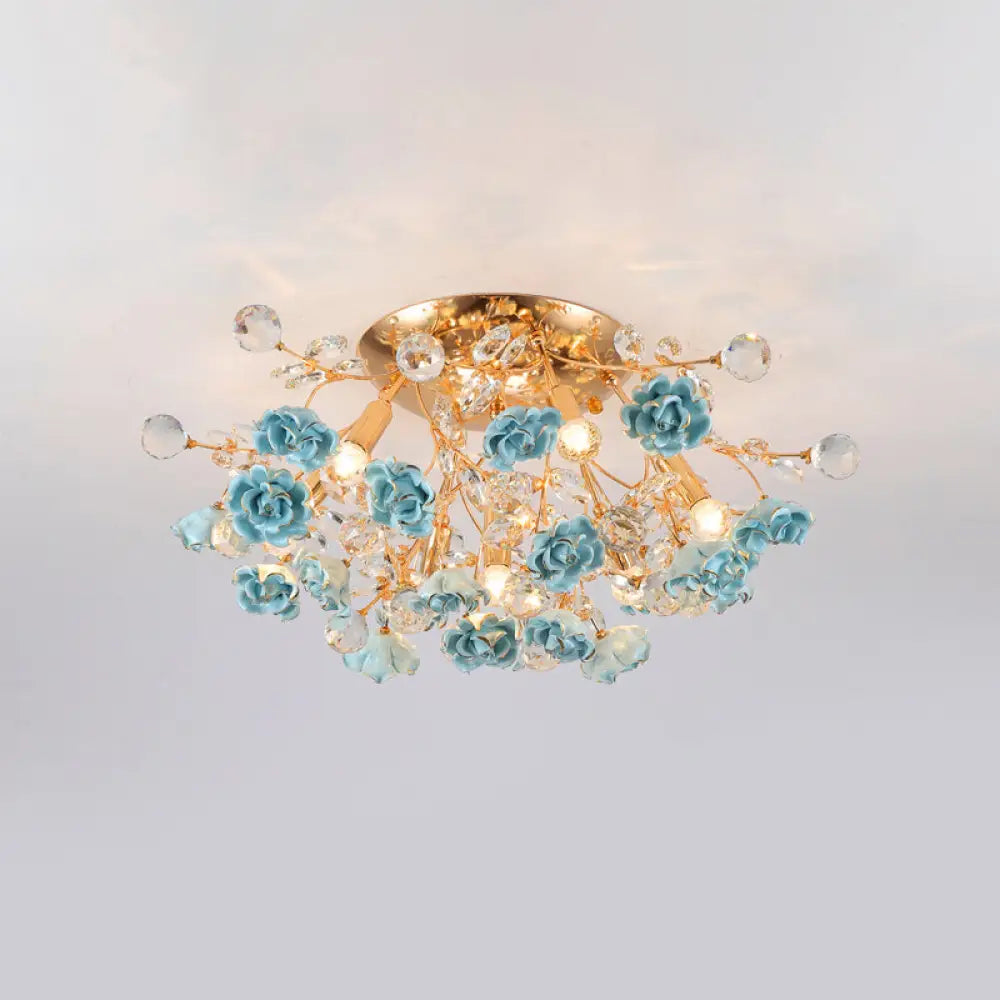 Pastoral Rosebush Ceiling Light: Ceramic Semi Flush Fixture With Crystal Accents 7 / Blue