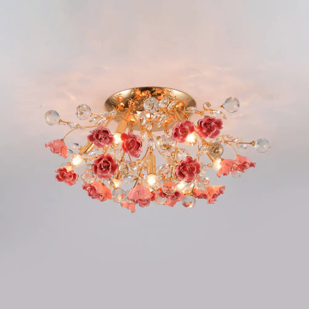 Pastoral Rosebush Ceiling Light: Ceramic Semi Flush Fixture With Crystal Accents 7 / Pink