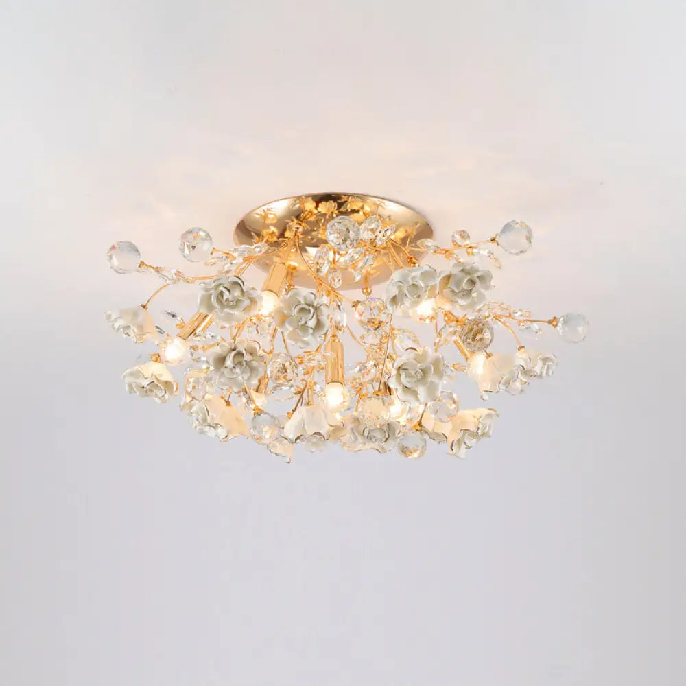 Pastoral Rosebush Ceiling Light: Ceramic Semi Flush Fixture With Crystal Accents 7 / White