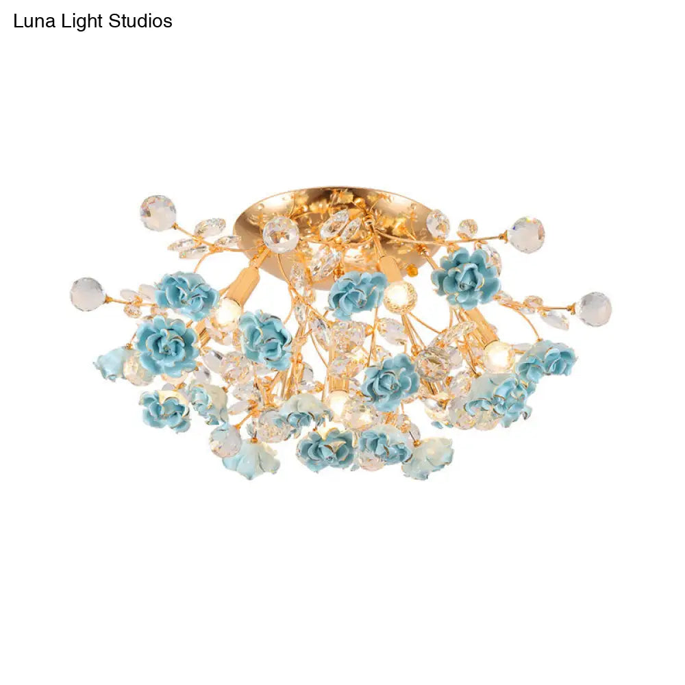 Pastoral Rosebush Ceiling Light: Ceramic Semi Flush Fixture With Crystal Accents