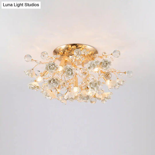Pastoral Rosebush Ceiling Light: Ceramic Semi Flush Fixture With Crystal Accents 7 / White