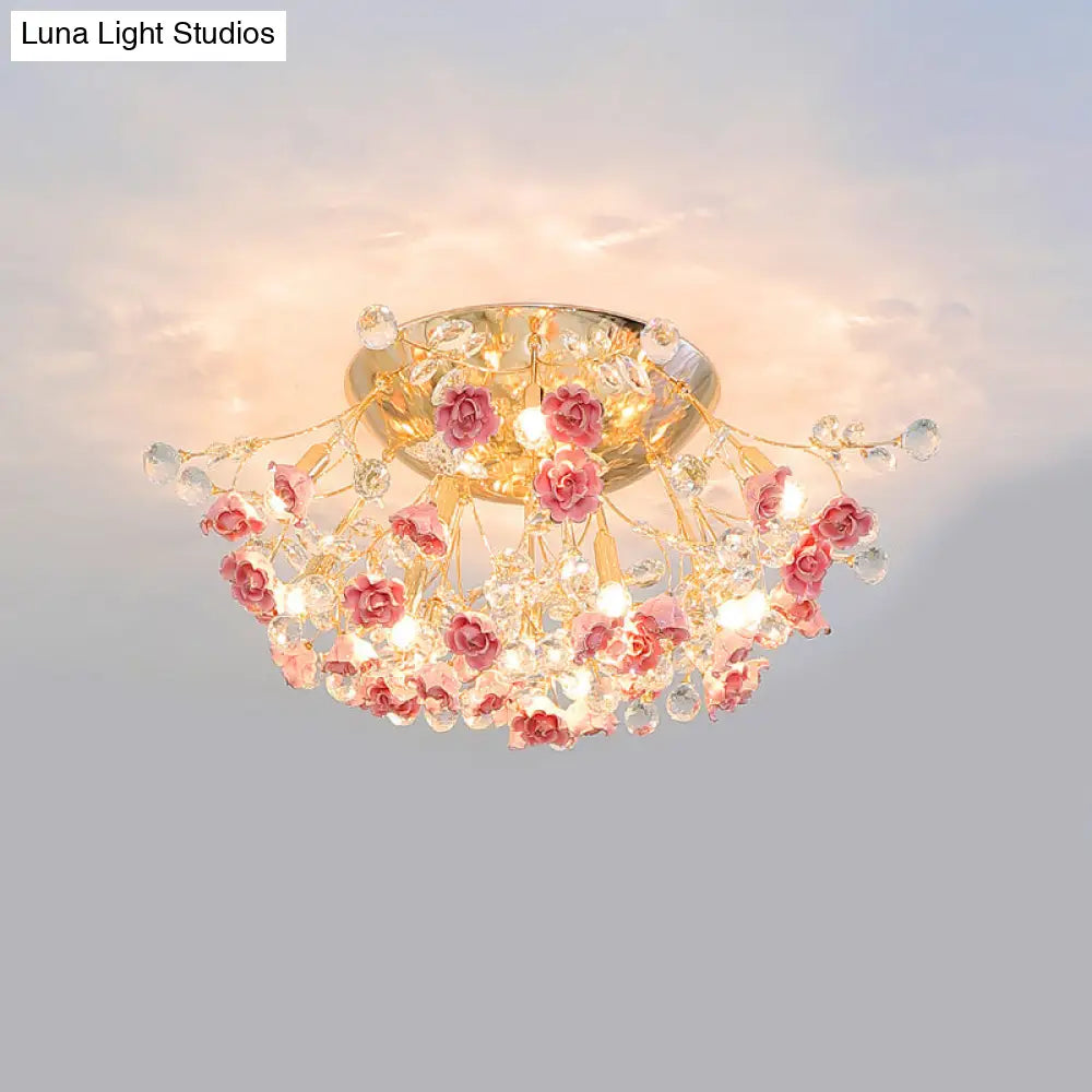 Pastoral Rosebush Ceiling Light: Ceramic Semi Flush Fixture With Crystal Accents 13 / Pink