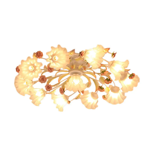Pastoral Ruffle Ceiling Flush Lamp - 4/7/9 Frosted White Glass Heads Semi Mount For Dining Room 11 /