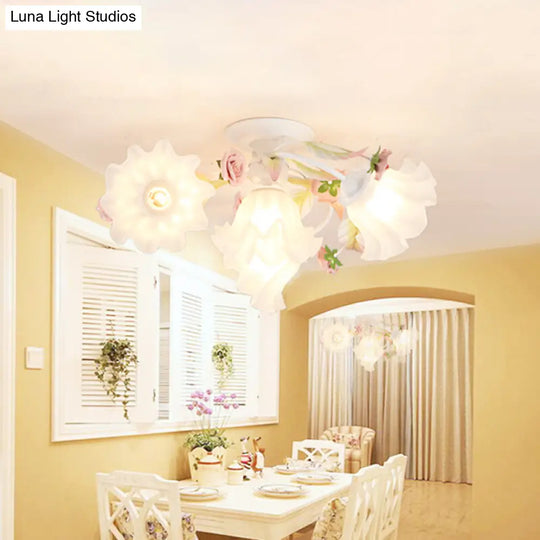 Pastoral Ruffle Ceiling Flush Lamp - 4/7/9 Frosted White Glass Heads Semi Mount For Dining Room 4 /