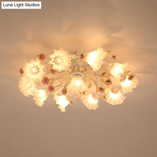 Pastoral Ruffle Ceiling Flush Lamp - 4/7/9 Frosted White Glass Heads Semi Mount For Dining Room