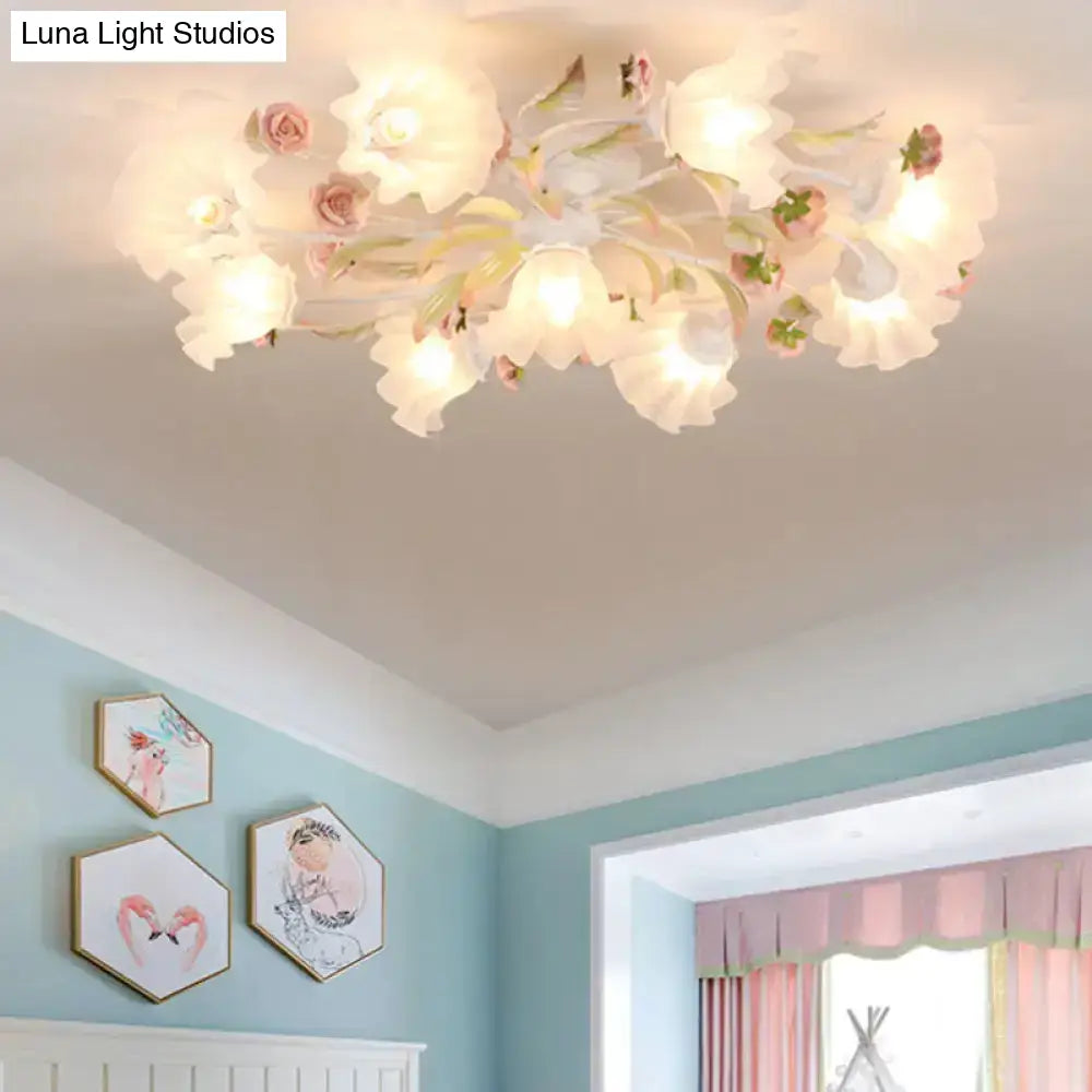 Pastoral Ruffle Ceiling Flush Lamp - 4/7/9 Frosted White Glass Heads Semi Mount For Dining Room