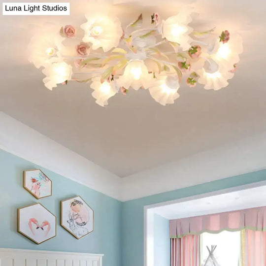 Pastoral Ruffle Ceiling Flush Lamp - 4/7/9 Frosted White Glass Heads Semi Mount For Dining Room