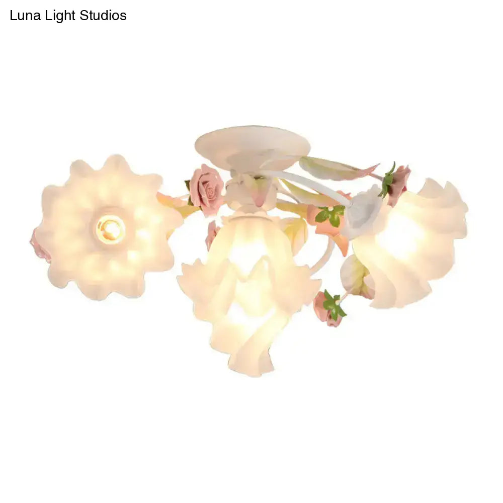 Pastoral Ruffle Ceiling Flush Lamp - 4/7/9 Frosted White Glass Heads Semi Mount For Dining Room