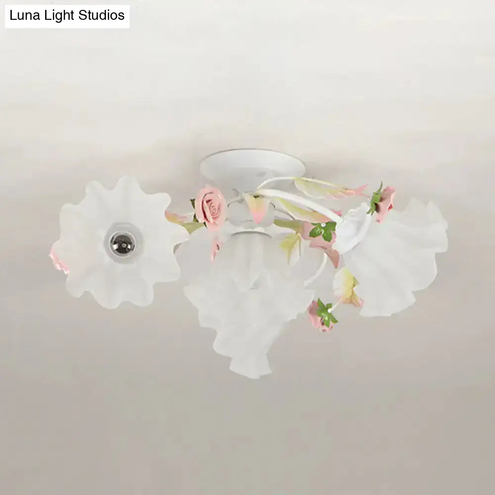 Pastoral Ruffle Ceiling Flush Lamp - 4/7/9 Frosted White Glass Heads Semi Mount For Dining Room