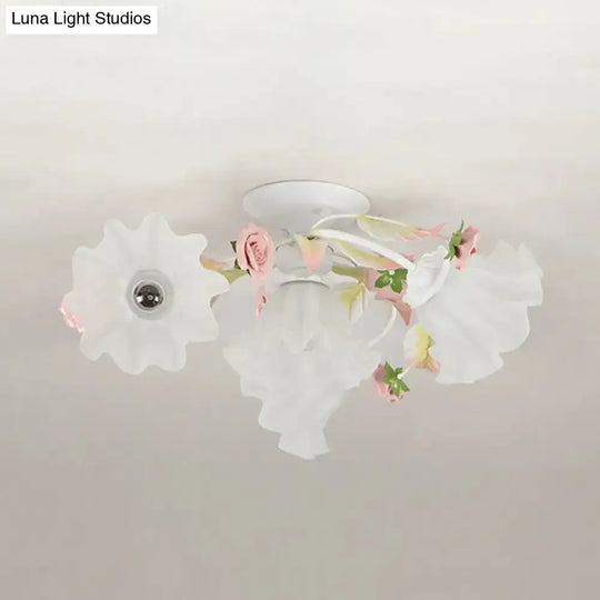 Pastoral Ruffle Ceiling Flush Lamp - 4/7/9 Frosted White Glass Heads Semi Mount For Dining Room