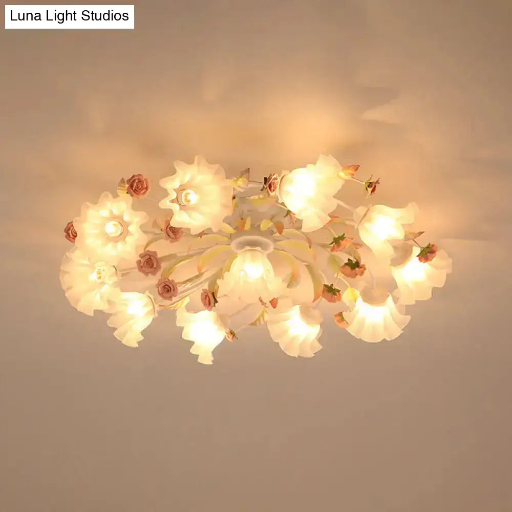 Pastoral Ruffle Ceiling Flush Lamp - 4/7/9 Frosted White Glass Heads Semi Mount For Dining Room