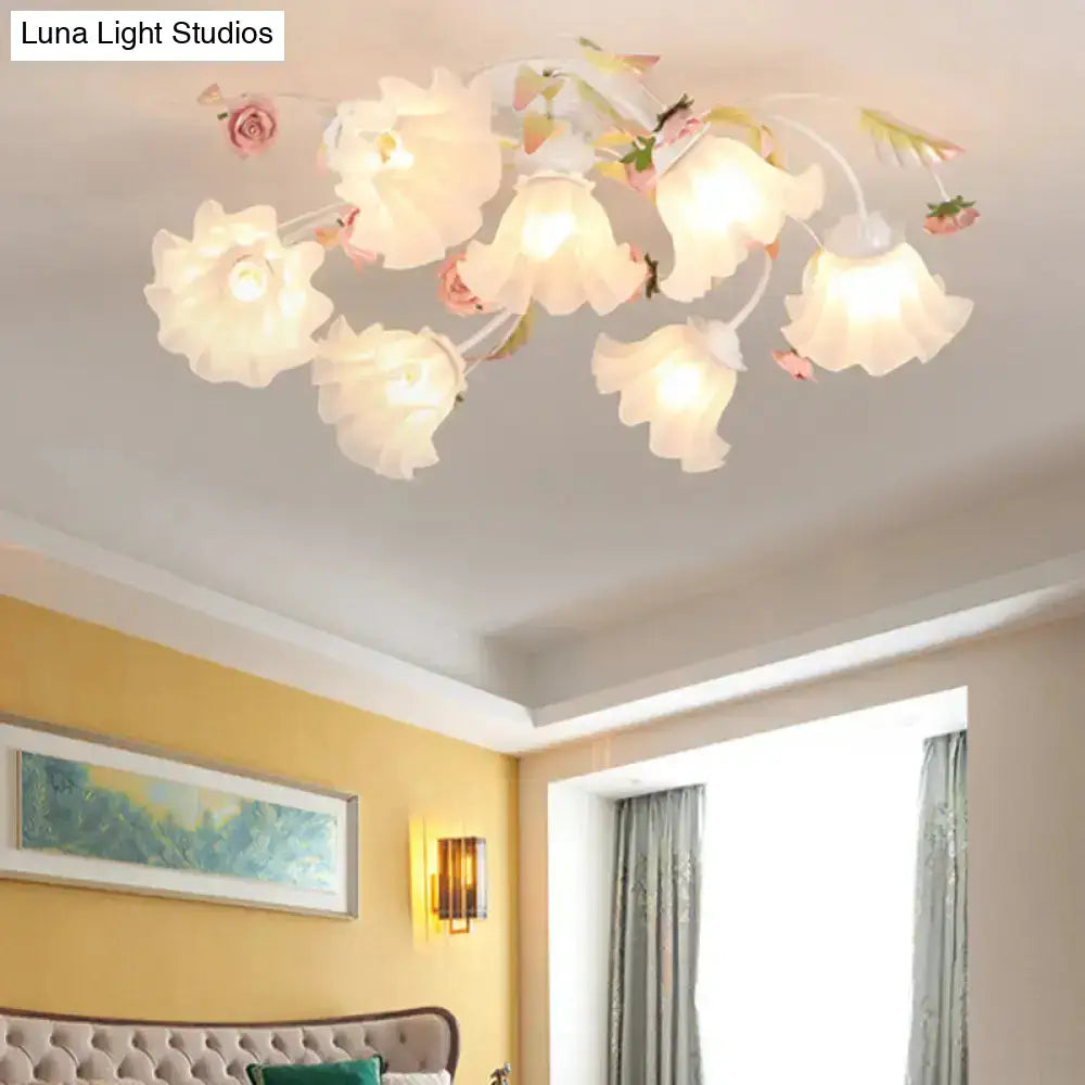 Pastoral Ruffle Ceiling Flush Lamp - 4/7/9 Frosted White Glass Heads Semi Mount For Dining Room