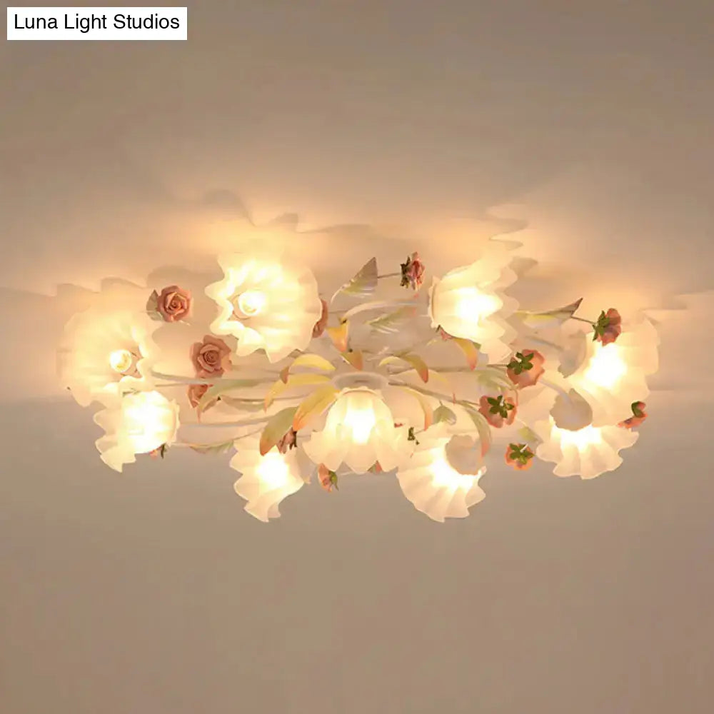 Pastoral Ruffle Ceiling Flush Lamp - 4/7/9 Frosted White Glass Heads Semi Mount For Dining Room