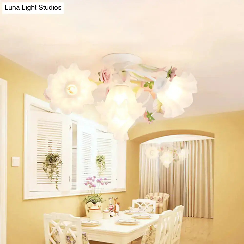 Pastoral Ruffle Ceiling Flush Lamp - 4/7/9 Frosted White Glass Heads Semi Mount For Dining Room