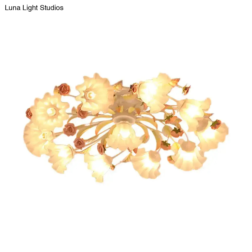 Pastoral Ruffle Ceiling Flush Lamp - 4/7/9 Frosted White Glass Heads Semi Mount For Dining Room