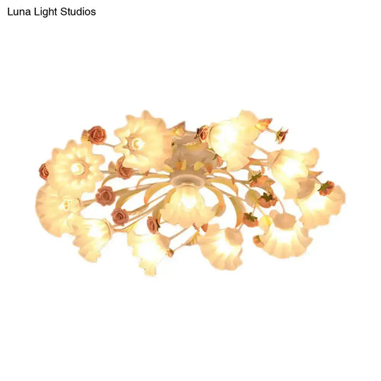 Pastoral Ruffle Ceiling Flush Lamp - 4/7/9 Frosted White Glass Heads Semi Mount For Dining Room