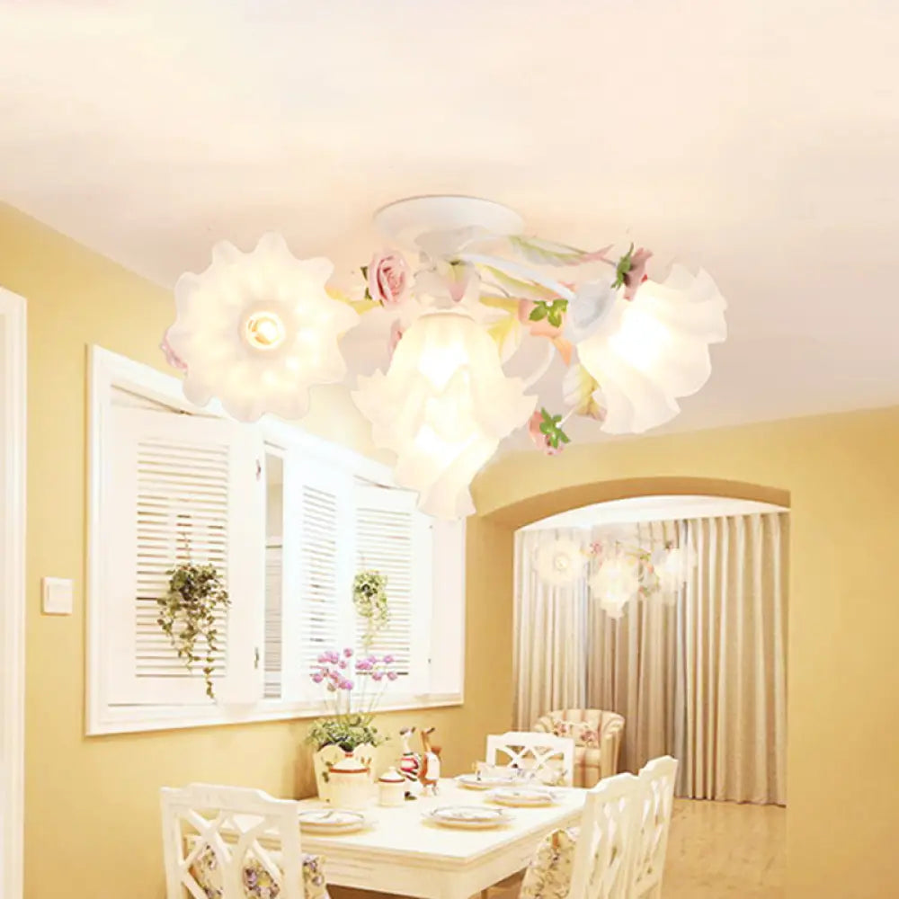 Pastoral Ruffle Ceiling Flush Lamp - 4/7/9 Frosted White Glass Heads Semi Mount For Dining Room 4 /
