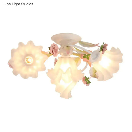 Pastoral Ruffle Ceiling Flush Lamp - 4/7/9 Frosted White Glass Heads Semi Mount For Dining Room