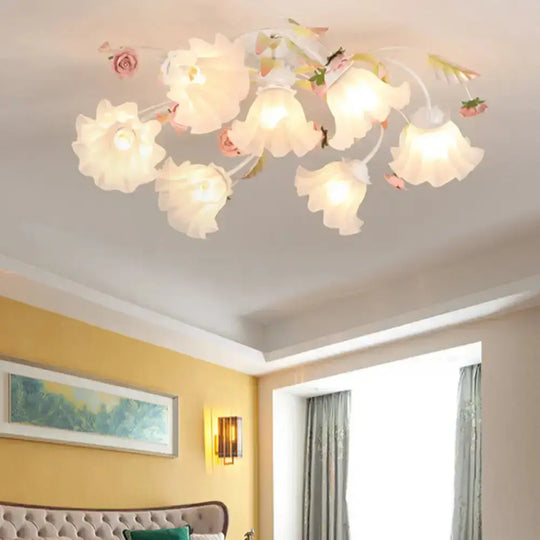 Pastoral Ruffle Ceiling Flush Lamp - 4/7/9 Frosted White Glass Heads Semi Mount For Dining Room 7 /