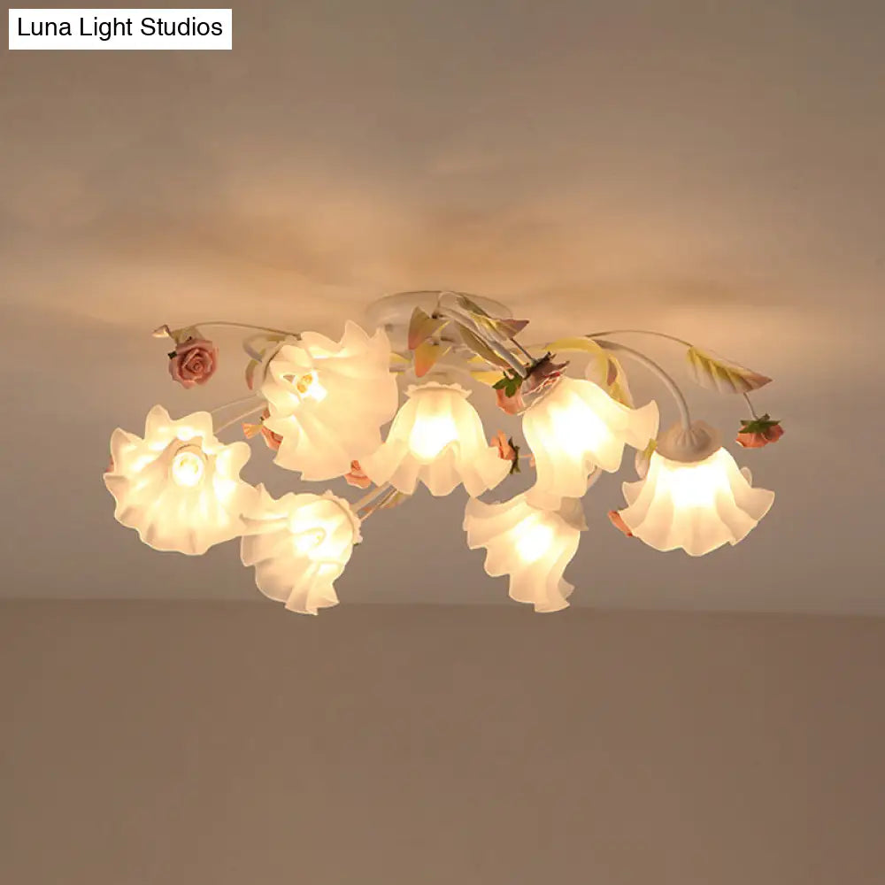 Pastoral Ruffle Ceiling Flush Lamp - 4/7/9 Frosted White Glass Heads Semi Mount For Dining Room