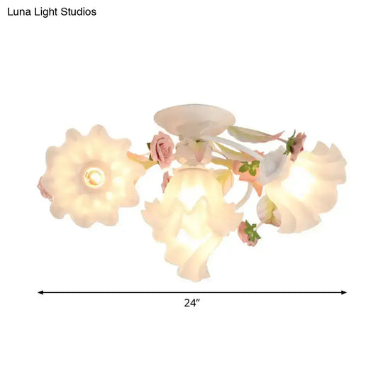 Pastoral Ruffle Ceiling Flush Lamp - 4/7/9 Frosted White Glass Heads Semi Mount For Dining Room