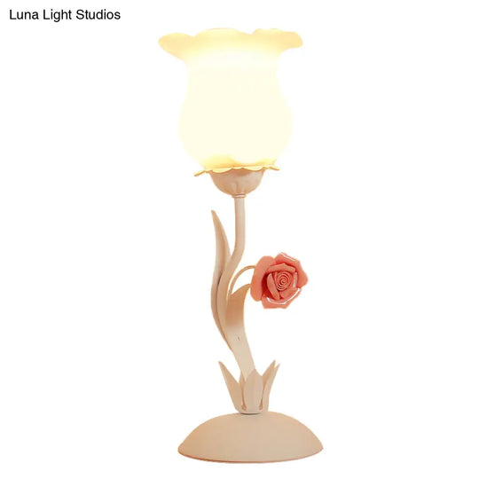 Pastoral Style 1-Bulb Frosted Glass Nightstand Light In Pink/Blue Rose Design For Bedroom Table