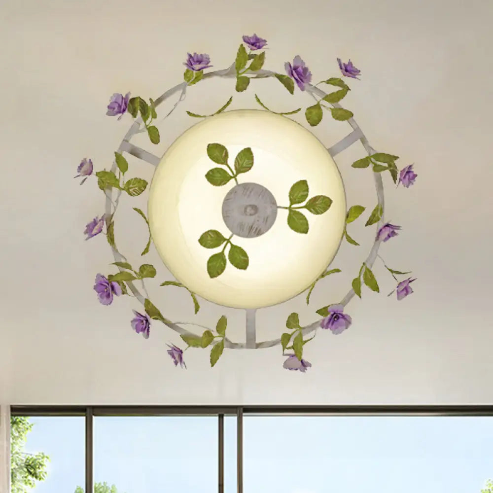 Pastoral Style 2-Head White Glass Flush Mount Ceiling Lamp With Bloom Decoration