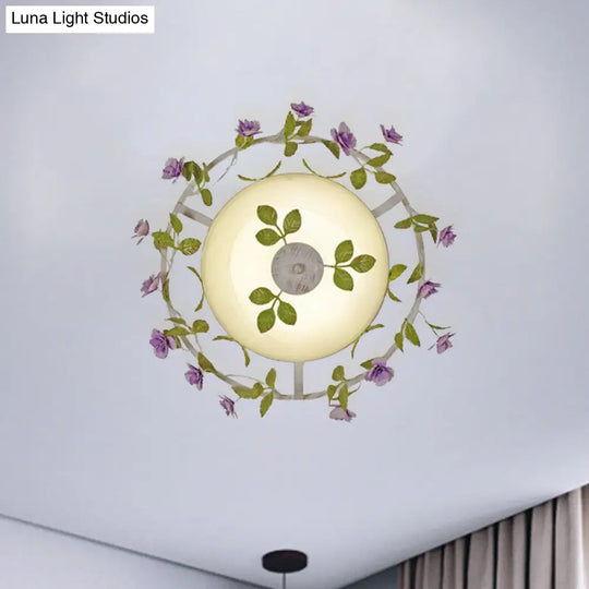 Pastoral Style 2-Head White Glass Flush Mount Ceiling Lamp With Bloom Decoration