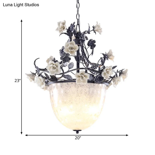 Pastoral Style 4-Bulb Chandelier Pendant Light With White Glass And Flower Decoration