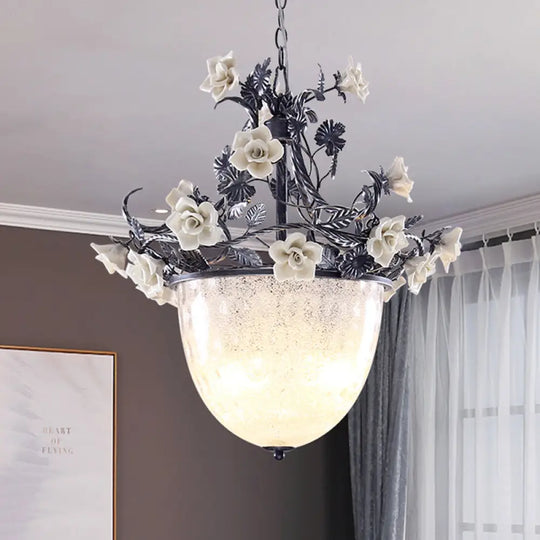 Pastoral Style 4-Bulb Chandelier Pendant Light With White Glass And Flower Decoration