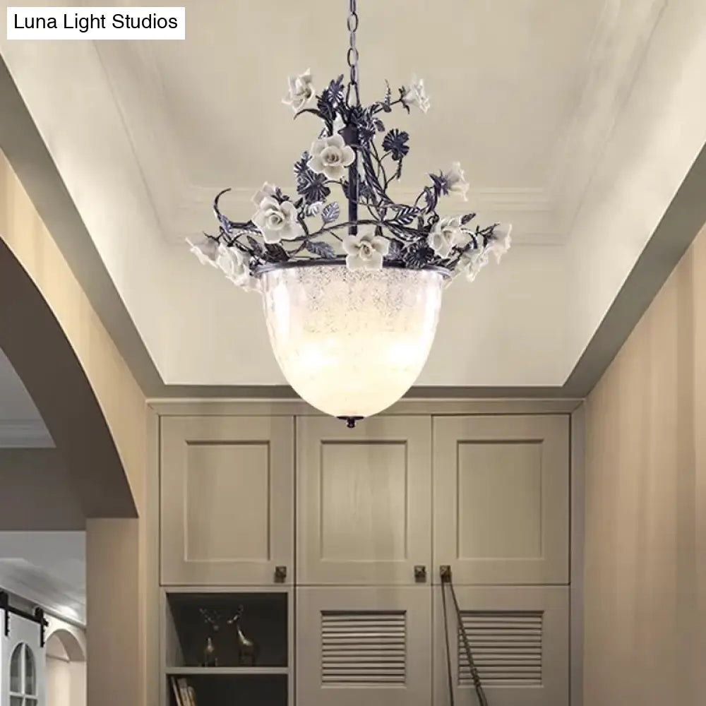 Pastoral Style 4-Bulb Chandelier Pendant Light With White Glass And Flower Decoration