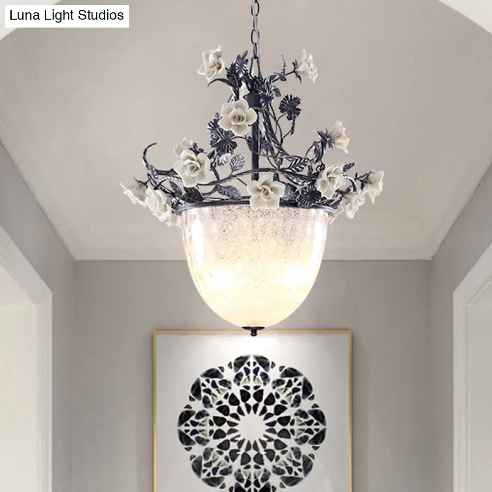 Pastoral Style 4-Bulb Chandelier Pendant Light With White Glass And Flower Decoration