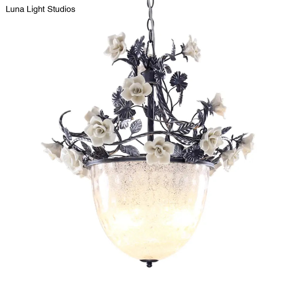 Pastoral Style 4-Bulb Chandelier Pendant Light With White Glass And Flower Decoration