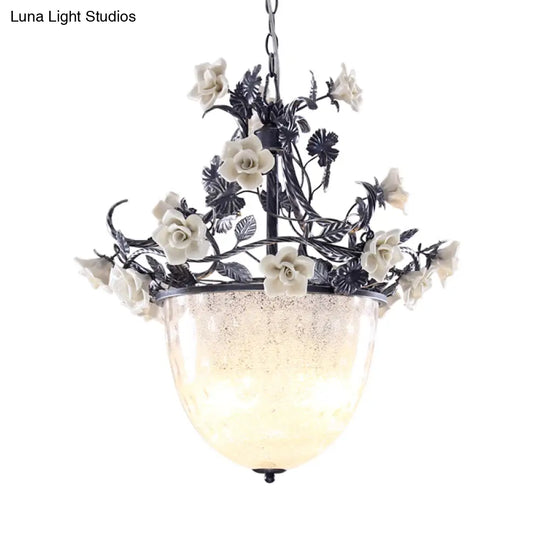 Pastoral Style 4-Bulb Chandelier Pendant Light With White Glass And Flower Decoration