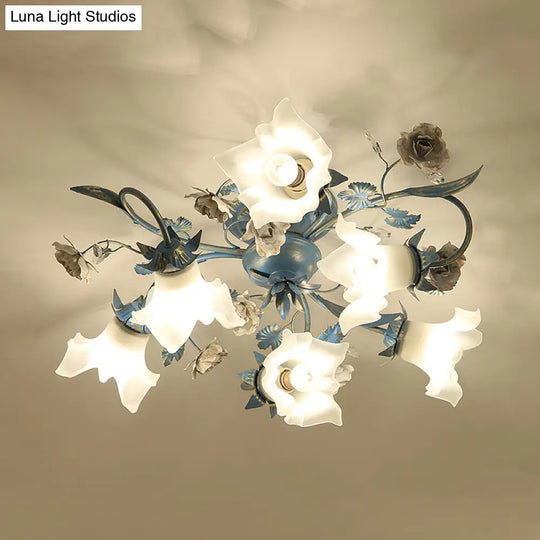 Pastoral Style Blue Flower Cream Glass Flush Mount Light For Bedroom Ceiling