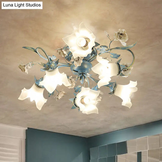 Pastoral Style Blue Flower Cream Glass Flush Mount Light For Bedroom Ceiling 6 /