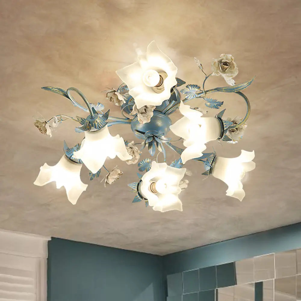 Pastoral Style Blue Flower Cream Glass Flush Mount Light For Bedroom Ceiling 6 /