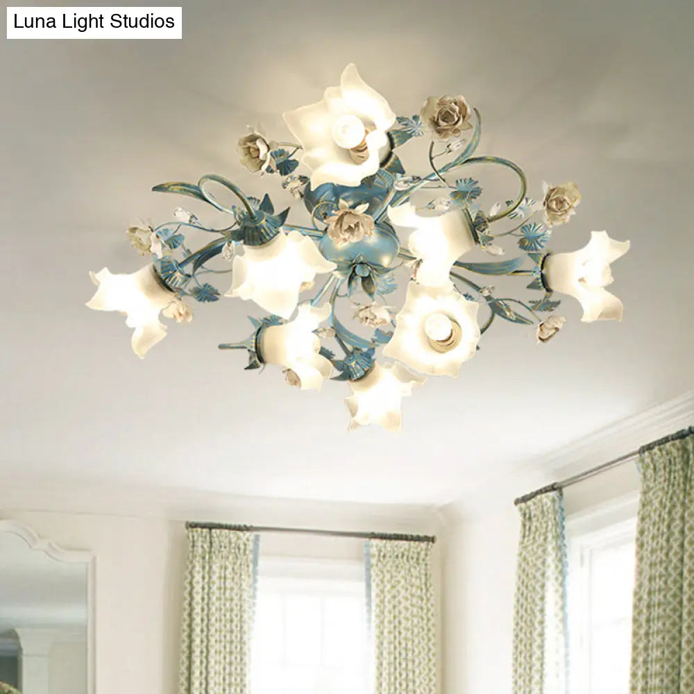 Pastoral Style Blue Flower Cream Glass Flush Mount Light For Bedroom Ceiling 8 /