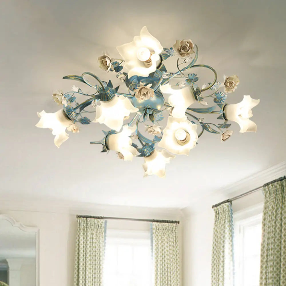 Pastoral Style Blue Flower Cream Glass Flush Mount Light For Bedroom Ceiling 8 /