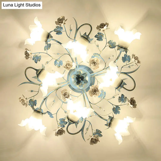 Pastoral Style Blue Flower Cream Glass Flush Mount Light For Bedroom Ceiling