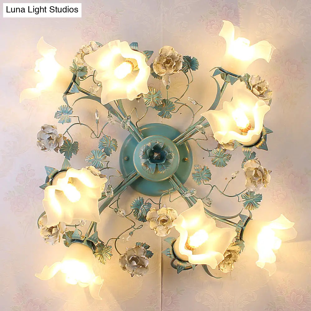 Pastoral Style Blue Semi Flush Ceiling Light With Frost White Glass - Perfect For Bedroom Lighting