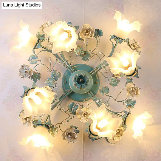 Pastoral Style Blue Semi Flush Ceiling Light With Frost White Glass - Perfect For Bedroom Lighting