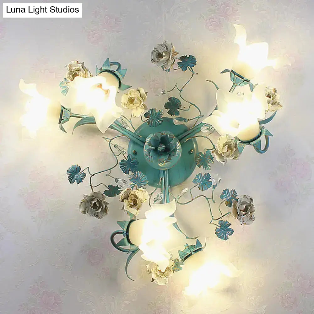 Pastoral Style Blue Semi Flush Ceiling Light With Frost White Glass - Perfect For Bedroom Lighting