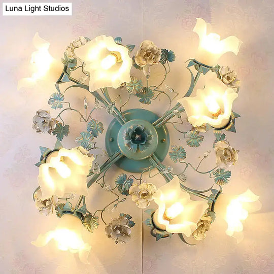 Pastoral Style Blue Semi Flush Ceiling Light With Frost White Glass - Perfect For Bedroom Lighting