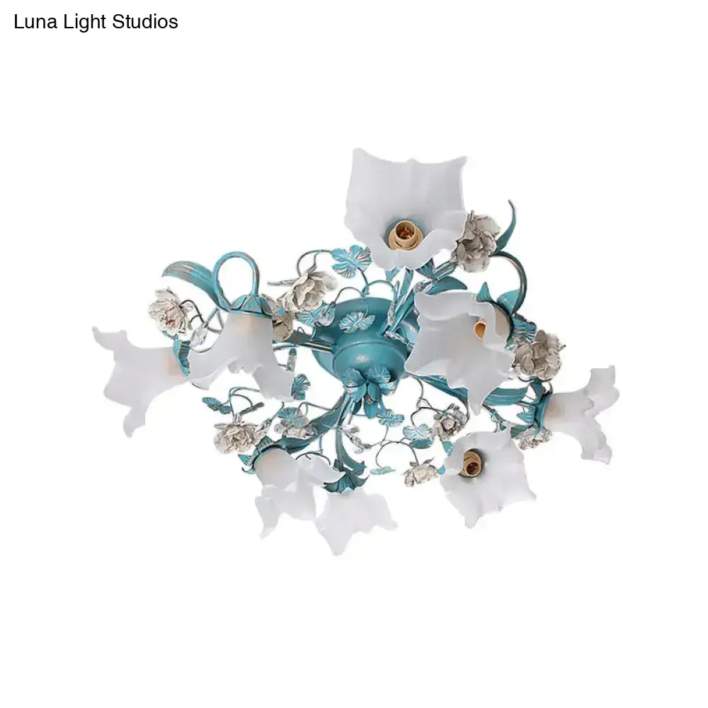 Pastoral Style Blue Semi Flush Ceiling Light With Frost White Glass - Perfect For Bedroom Lighting