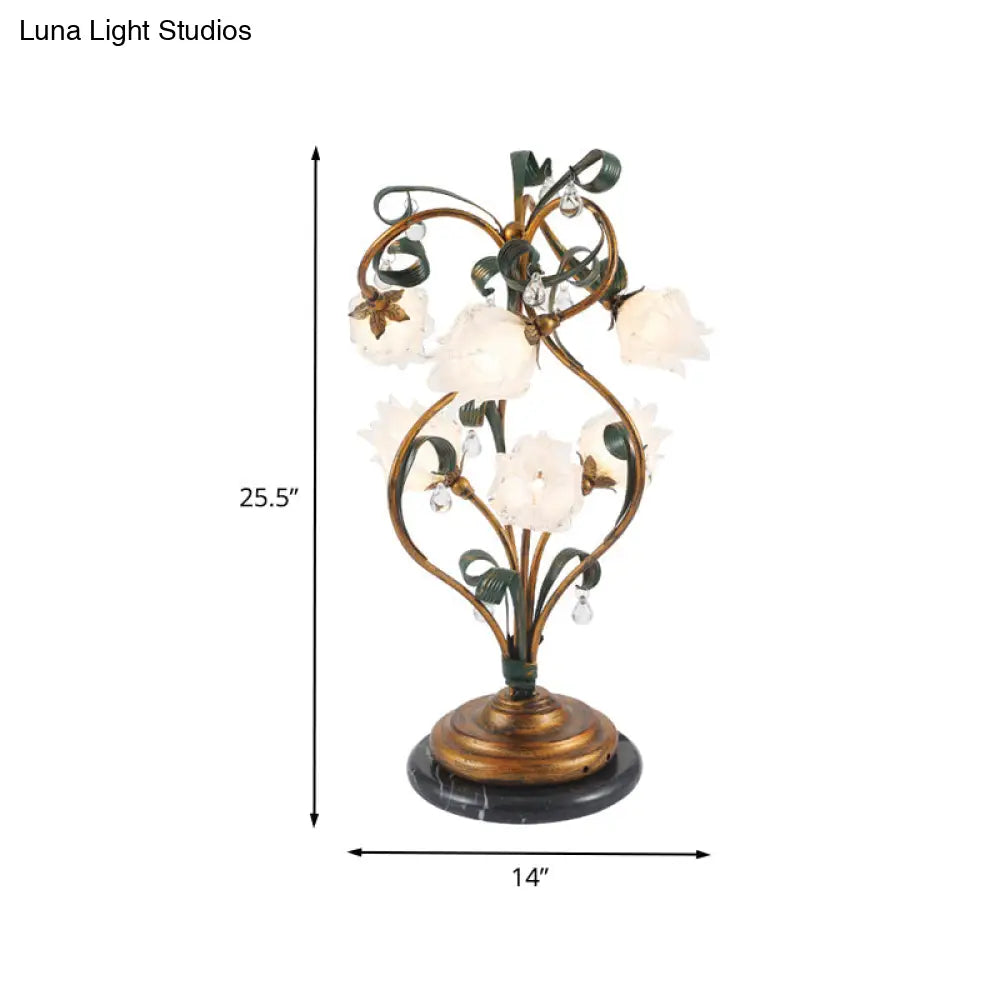 Pastoral Style Brass Metal Led Nightstand Lamp With 6 Floral Bulbs - Perfect For Bedroom Lighting