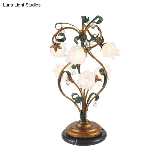 Pastoral Style Brass Metal Led Nightstand Lamp With 6 Floral Bulbs - Perfect For Bedroom Lighting