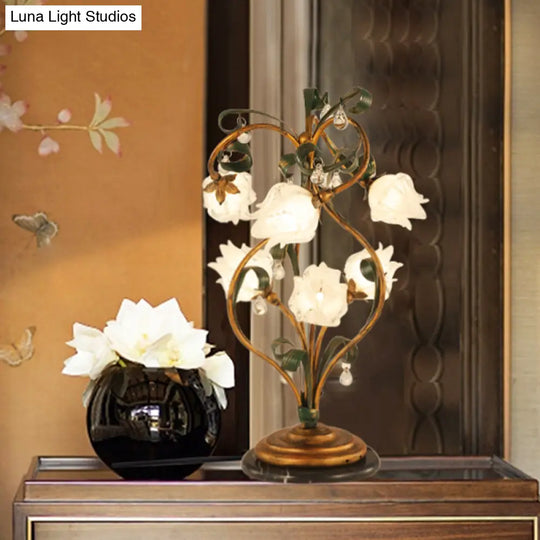 Pastoral Style Brass Metal Led Nightstand Lamp With 6 Floral Bulbs - Perfect For Bedroom Lighting