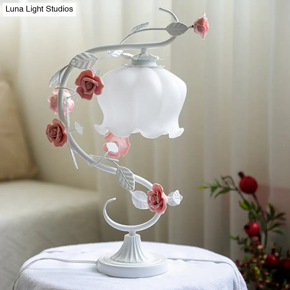 Pastoral Style Bud White Glass Bedside Table Lamp With Ceramic Rose - Soft And Elegant Nightstand