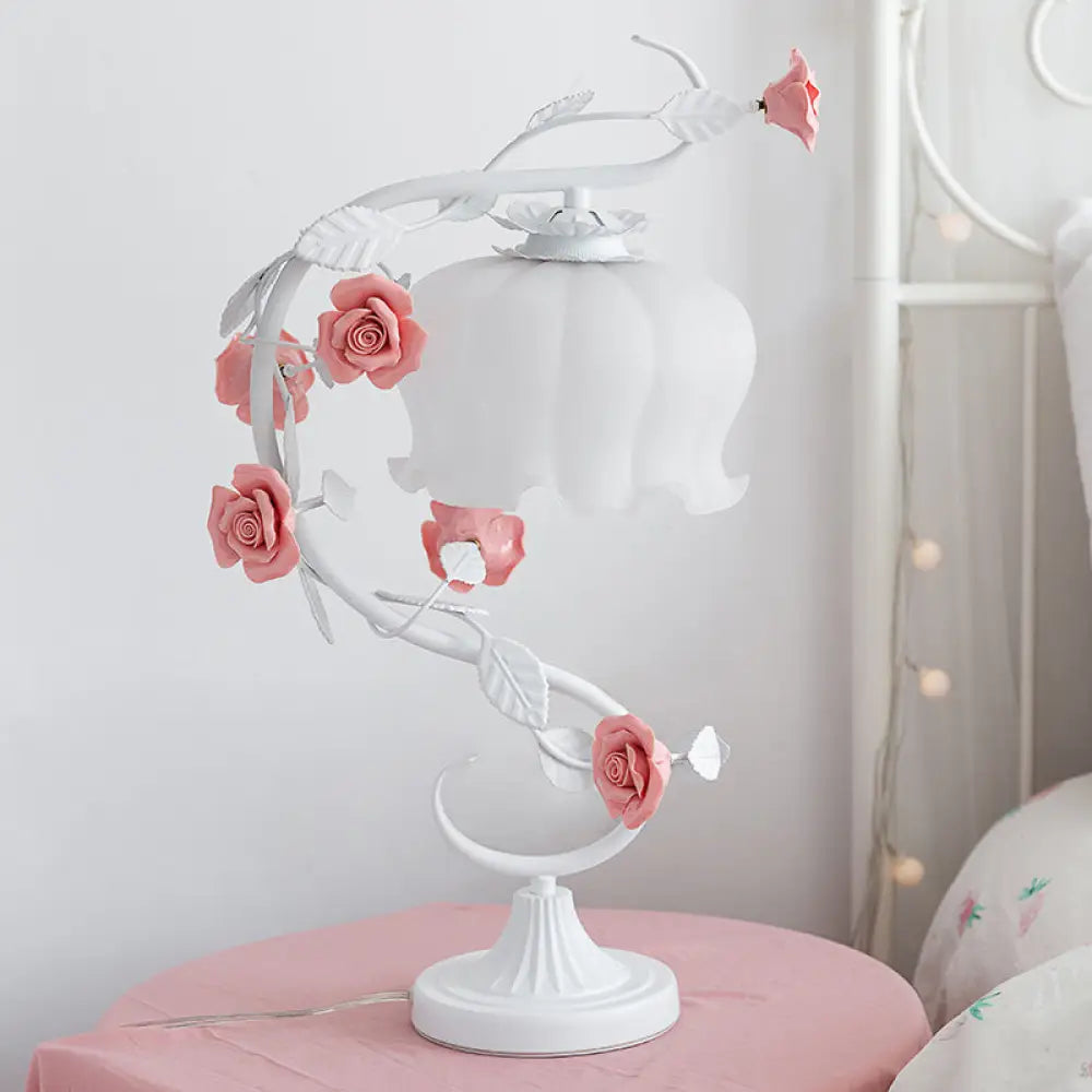 Pastoral Style Bud White Glass Bedside Table Lamp With Ceramic Rose - Soft And Elegant Nightstand